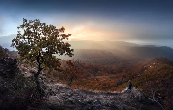 Picture mountains, fog, people, morning