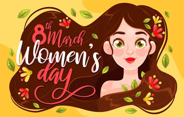 Leaves, girl, flowers, smile, holiday, the inscription, hair, figure