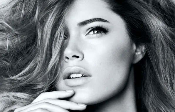 Picture eyes, girl, face, model, hair, Doutzen Kroes, b/W, blonde