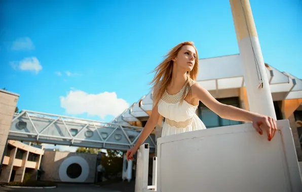 Girl, white, the building, dress, blonde, the transition, lace, handle