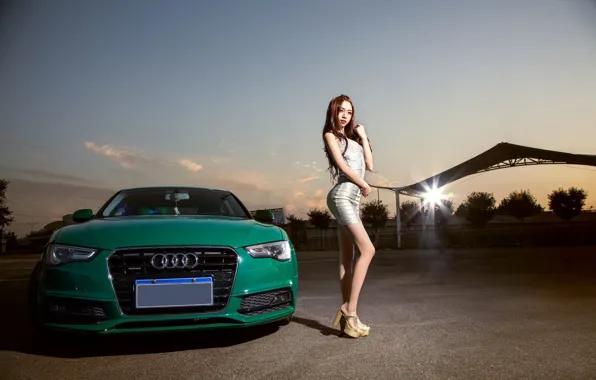Look, girl, Audi, Asian, green car, standing near the car