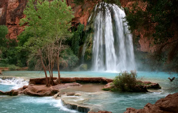 Nature, waterfall, Arizona, mountain river, Grand Canyon, Havasupai Indian Reservation, Havasu Falls