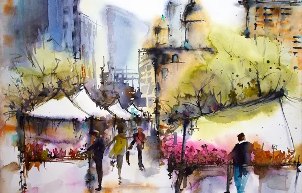 The city, spring, watercolor, March