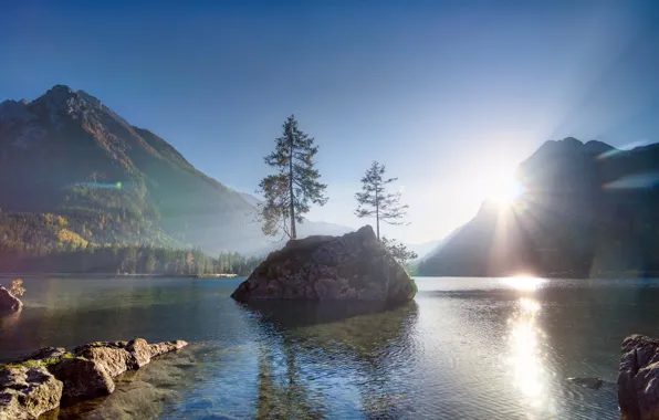 Forest, landscape, mountains, nature, lake, morning