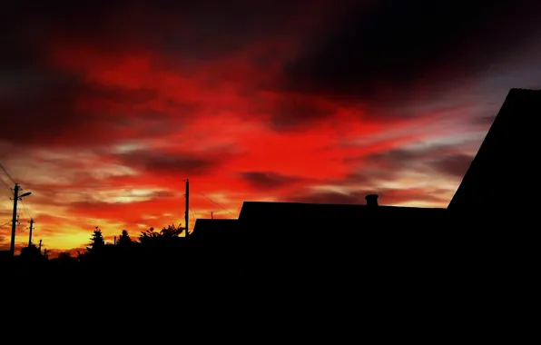 The sky, red, red, home, village, home, evening