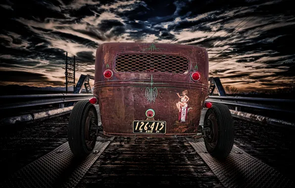 The sky, bridge, retro, classic, rear view, hot-rod, classic car