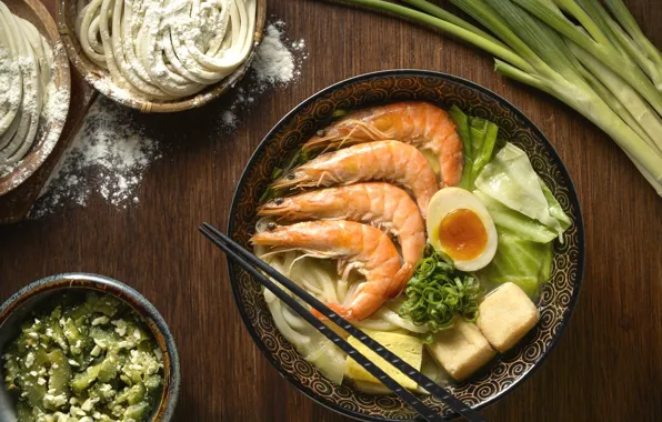 Egg, soup, vegetables, shrimp