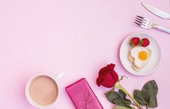 Love, roses, Breakfast, love, scrambled eggs, pink, romantic, coffee cup