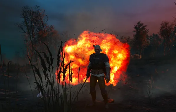Forest, the sun, sunset, the explosion, Sword, Warrior, Armor, The Witcher