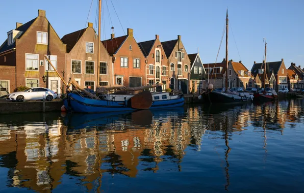 Picture the sky, the sun, river, dawn, home, yacht, Netherlands, car