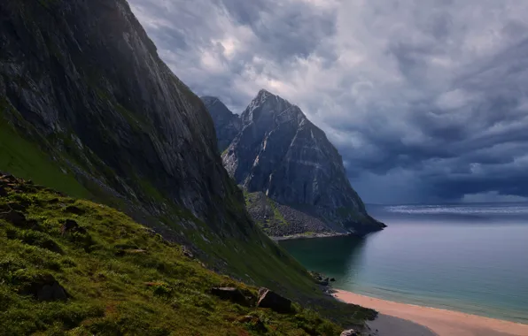 Sea, beach, the sky, clouds, mountains, clouds, nature, overcast