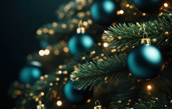 Balls, branches, lights, the dark background, balls, Shine, green, Christmas