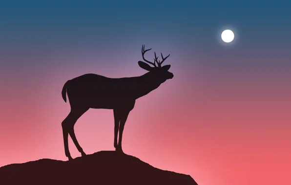 The sky, open, jump, the moon, deer, horns, abyss, silhouette