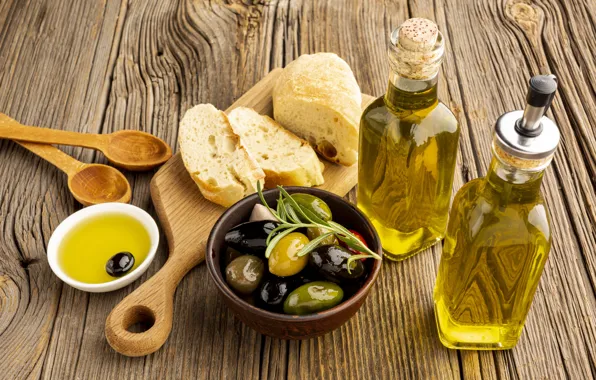 Bowl, olives, Board, olive oil, bread, olives, spoon