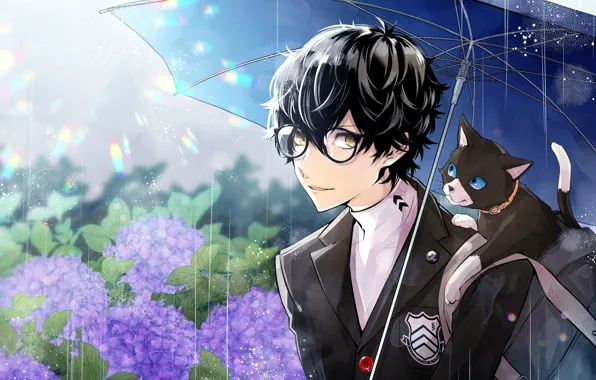 Flowers, rain, the game, umbrella, anime, art, guy, hydrangea