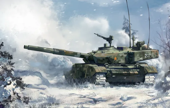 Picture winter, forest, snow, figure, art, tank, combat, Chinese