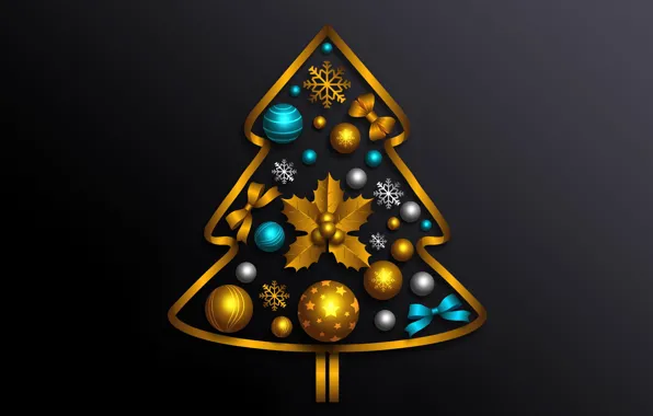 Picture decoration, gold, tree, Christmas, New year, golden, christmas, black background