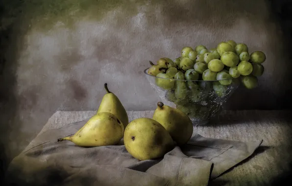 Grapes, vase, still life, pear