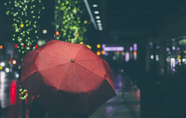 Red, the city, lights, street, umbrella, bokeh
