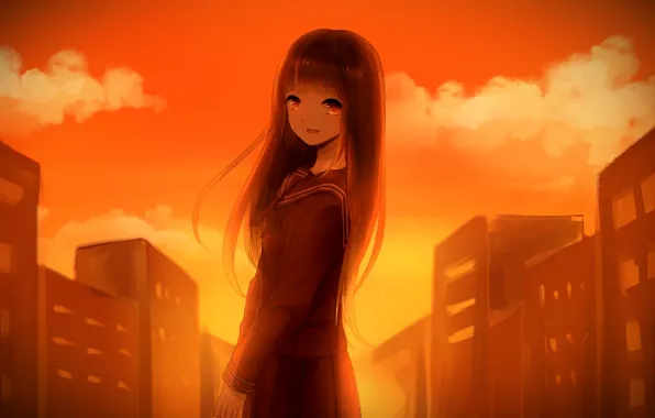 The sky, girl, clouds, sunset, the city, home, anime, art