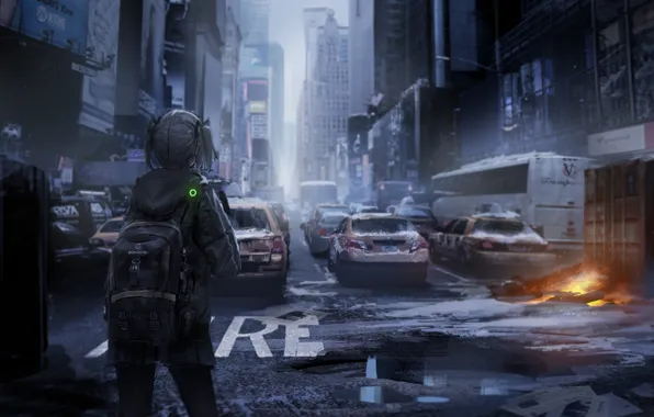 Picture girl, machine, the city, Apocalypse, home, anime, art, backpack