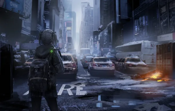 Girl, machine, the city, Apocalypse, home, anime, art, backpack