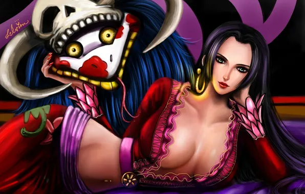 Language, girl, mask, art, horns, lying, Lilyzou, ONE PIECE