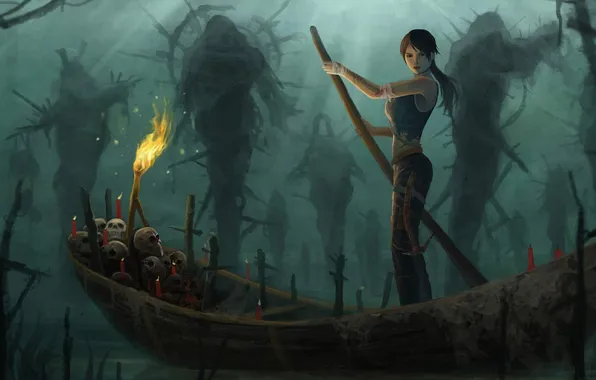 Girl, boat, candles, art, torch, skull, gloomy, Lara Croft