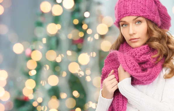 Picture look, girl, face, hat, scarf, New year, bokeh