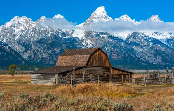 Field, mountains, house, USA, national Park, Grand Teton