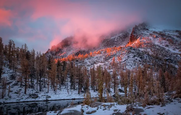Snow, mountains, morning