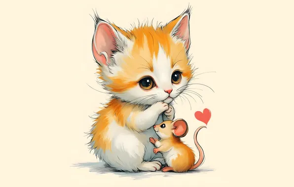 Cat, look, pose, kitty, mouse, red, face, heart