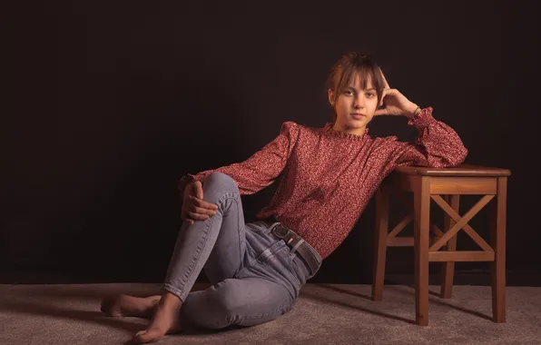 Pose, jeans, blouse, sitting, stool, Julie