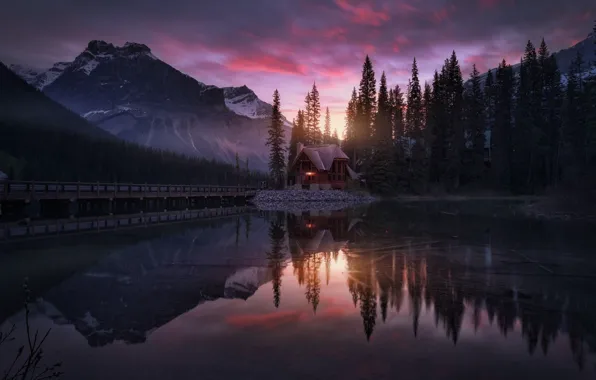Reflection, mountains, lake, house, morning, Canada, Jasper