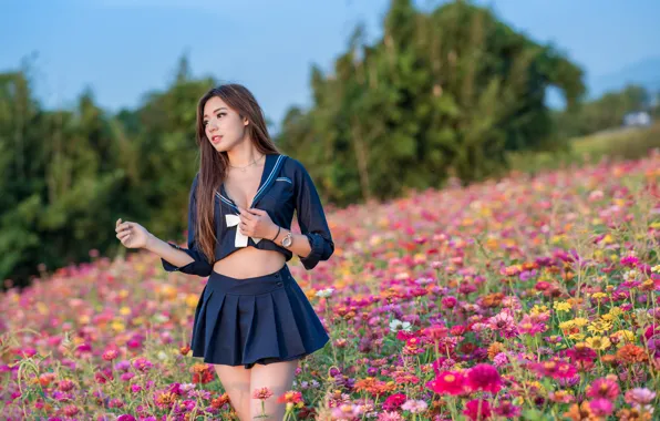 Picture girl, flowers, sweetheart, meadow, Asian