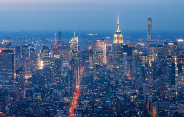 Building, New York, panorama, night city, Manhattan, skyscrapers, Manhattan, New York City