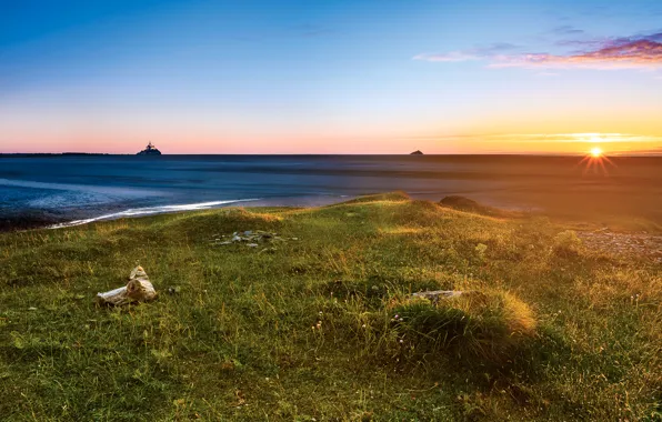 Sea, the sky, grass, the sun, rays, dawn, coast, horizon