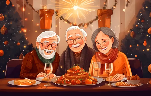 Glasses, Glasses, Smile, Table, Christmas, Grandma, New year, Tree