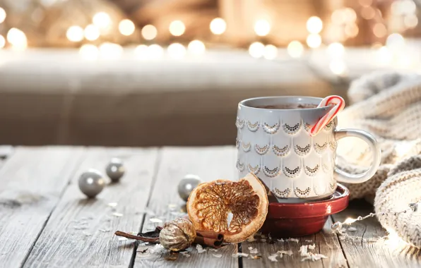 Lights, Board, Christmas, mug, cane, New year, citrus, drink