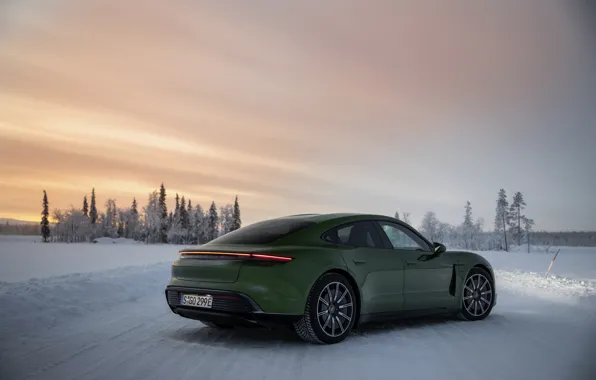 Picture the sky, snow, Porsche, back, green, side, 2020, Taycan