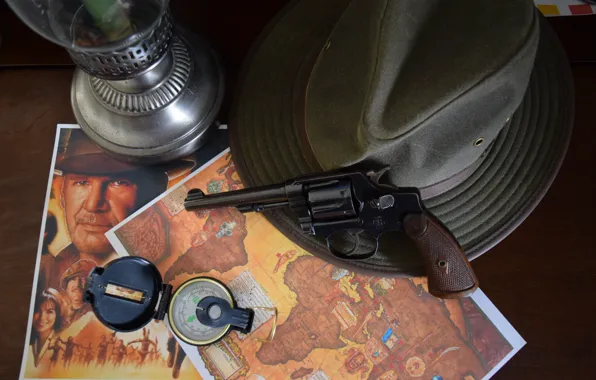 Weapons, lamp, map, hat, revolver