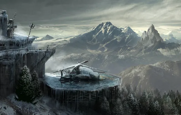 The sky, Clouds, Mountains, Snow, Forest, Lara Croft, Art, Technique
