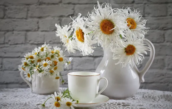 White, flowers, wall, chamomile, bouquet, brick, mug, Cup