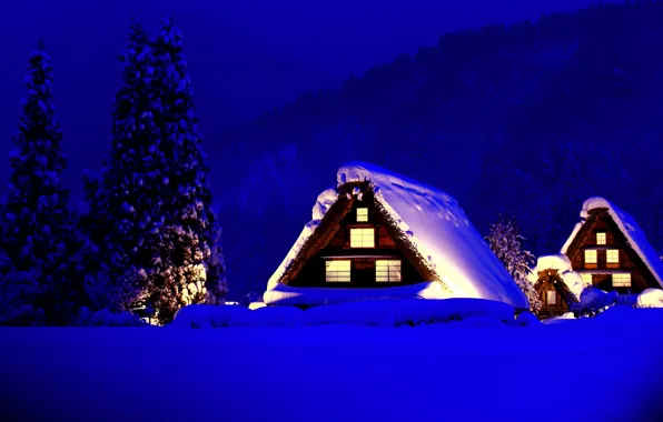Winter, light, snow, trees, mountains, home, ate, houses