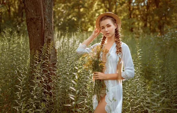 Forest, grass, look, the sun, trees, sexy, pose, Park