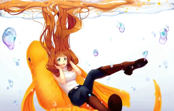 Girl, bubbles, fish, anime, art, under water, mahel, Rosuuri