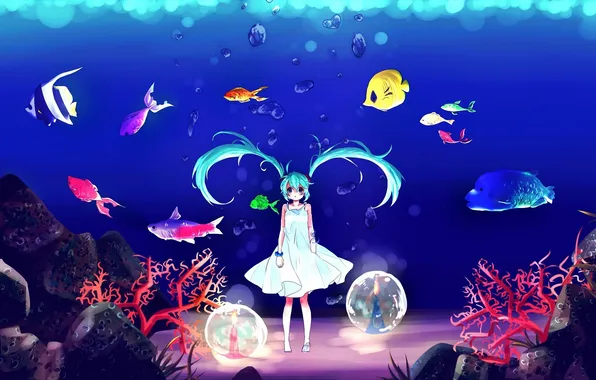 Fish, fish, bubbles, art, girl, Kawai, vocaloid, hatsune miku