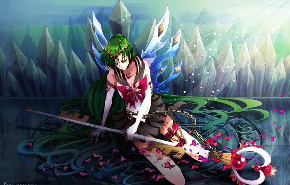 Picture girl, rays, chain, crystals, spear, green hair, bishoujo senshi sailor moon, Sailor Pluto