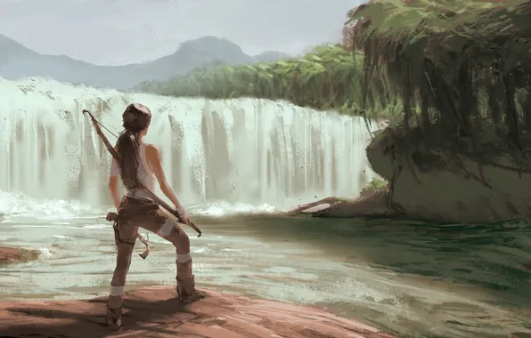 Picture girl, island, waterfall, bow, art, Lara Croft, Lara Croft, Tomb raider