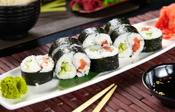 Picture sushi, rolls, wasabi, filling, nori